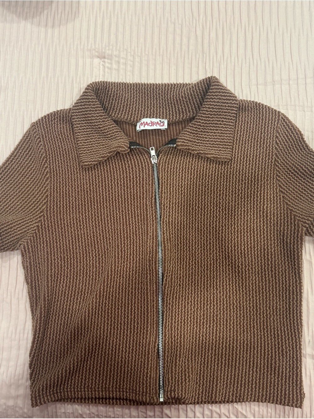 Madras Brown Ribbed Zip-Front Knit Top